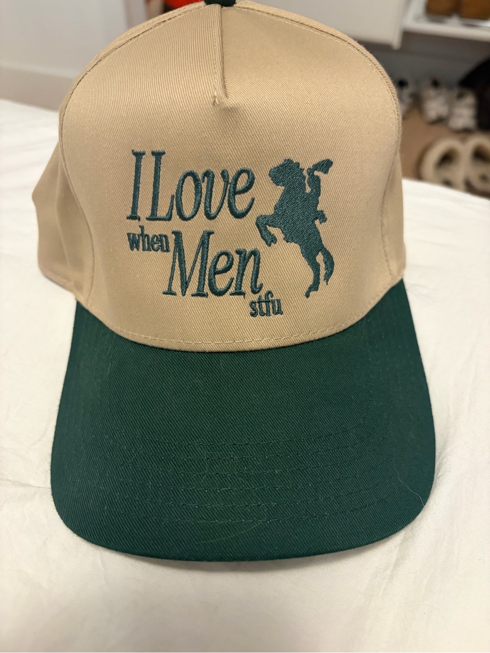 Raw & Rebellious I love when men STFU Beige and Green Embroidered trucker hat